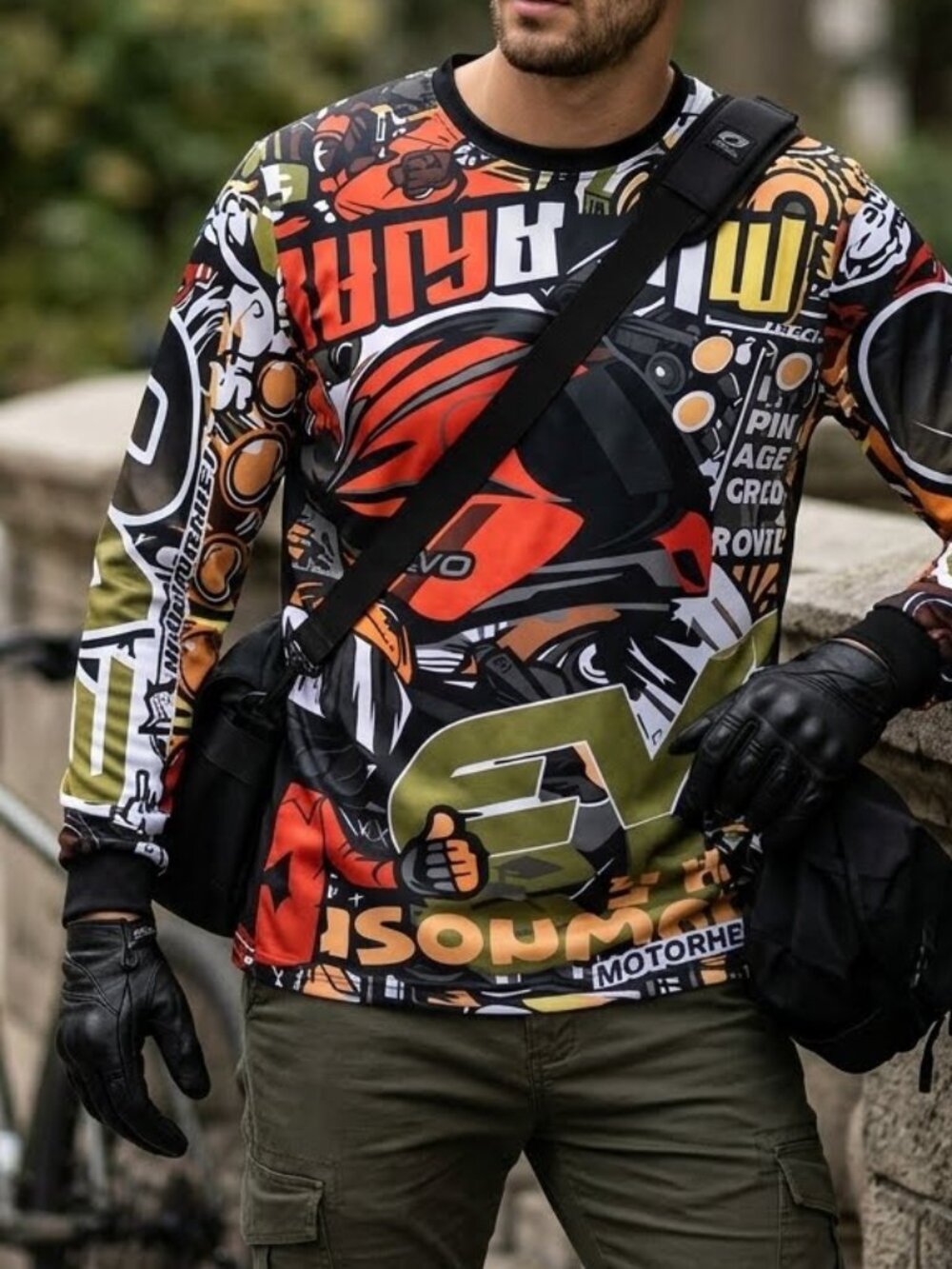Motorcycle Jersey Long Sleeve T-Shirt Multicolor Helmet Graphic Size L Racing
